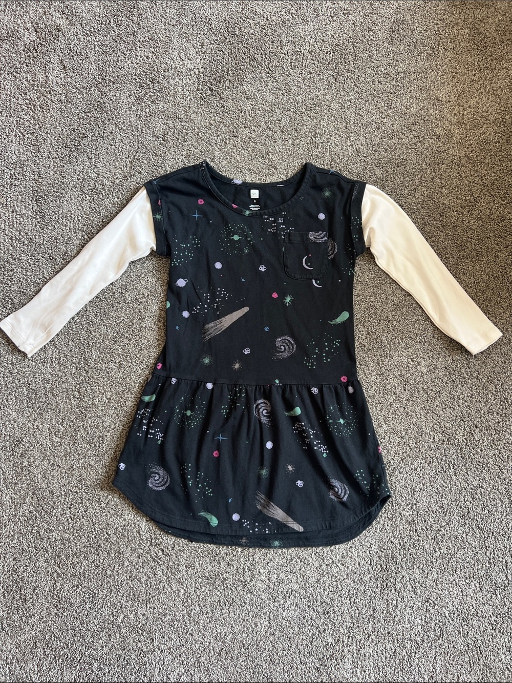 Tea Collection Black Dress with Cream Sleeves and Multicolor Space Accents